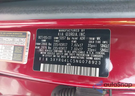 2022 Kia Sorento Lx из США, поврежденный, VIN 5XYRG4LC5NG078923